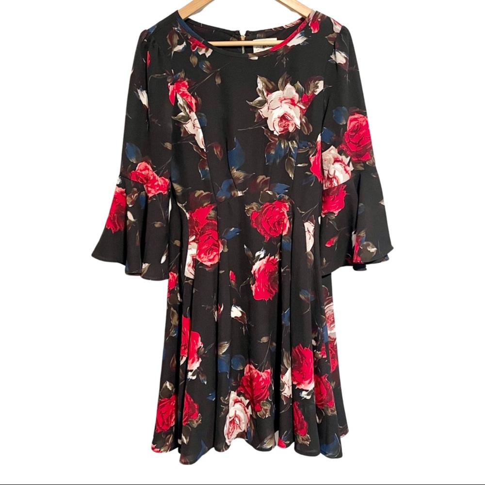Anthropologie Holding Horses Black Floral Dress Red Roses